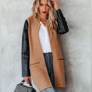 Camel Tweed and Faux leather contrast Sleeve Coat